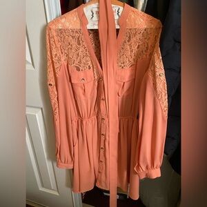 Women's Peach Lace Button-Up Dress with Belt